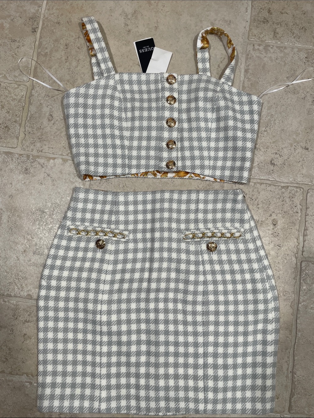 GUESS Women's 3-piece Gray & White Houndstooth jacket, skirt and crop top